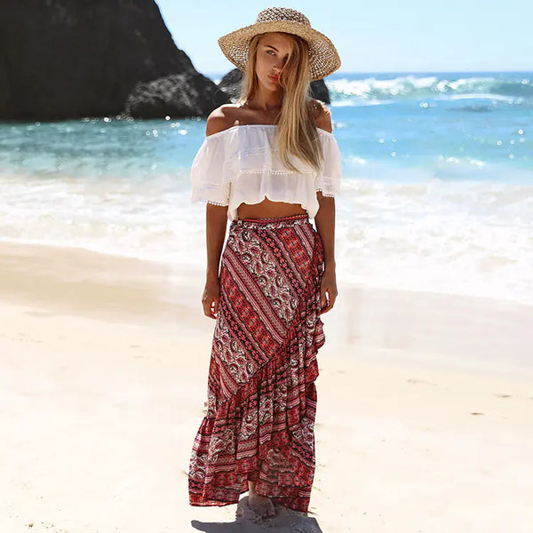 Bohemian Print Split Midi Skirt for Beach Wear