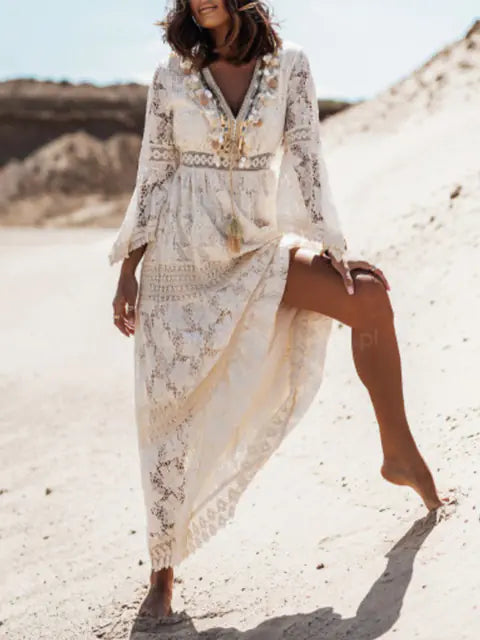 Summer Sleeveless Lace V Neck Beach Dress