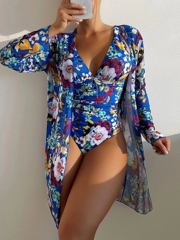 Floral One Piece Swimsuit with Cover Up for Women